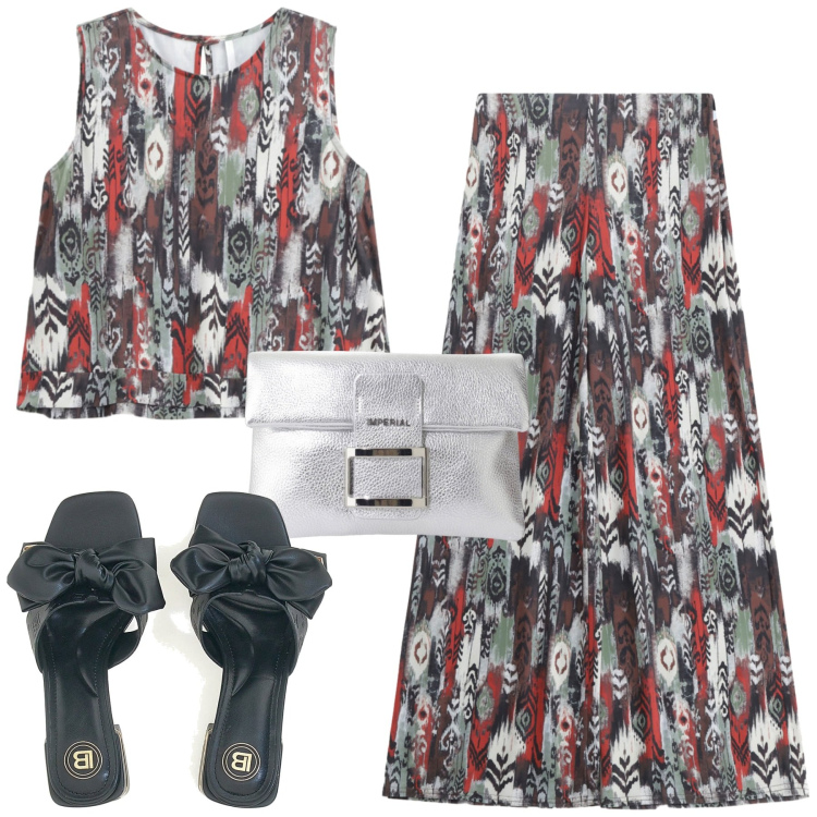 Outfit donna - Imperial. Stile Trendy per Tutti i giorni. Abbinamento con pantaloni, top, pochette, ciabatte.