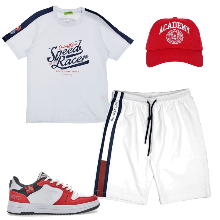 Outfit uomo - Max dillon. Stile Casual per Tutti i giorni. Abbinamento con cappelli, t-shirt, pantaloni corti, sneakers.
