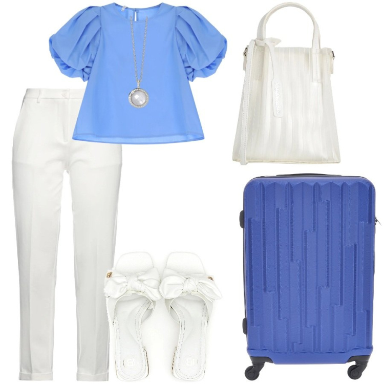 Outfit donna - Viaggio di lavoro. Stile Casual chic per Ufficio. Abbinamento con pantaloni skinny, borse a mano, collane, bluse, ciabatte, valigie.