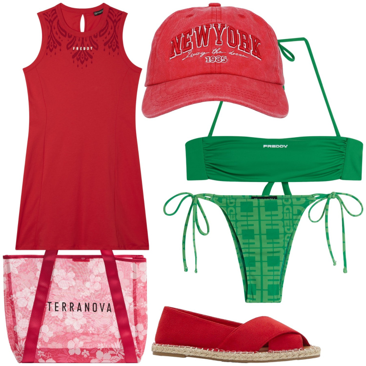 Outfit donna - Allegro mare. Stile Basic per Mare. Abbinamento con espadrillas, shopping bag, cappelli, vestiti midi/longuette, bikini, bikini.