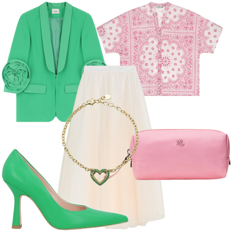 Outfit donna - Un blazer particolare. Stile Bon Ton per Cerimonia. Abbinamento con gonne lunghe, décolleté, braccialetti, camicie a manica corta, pochette, blazer.