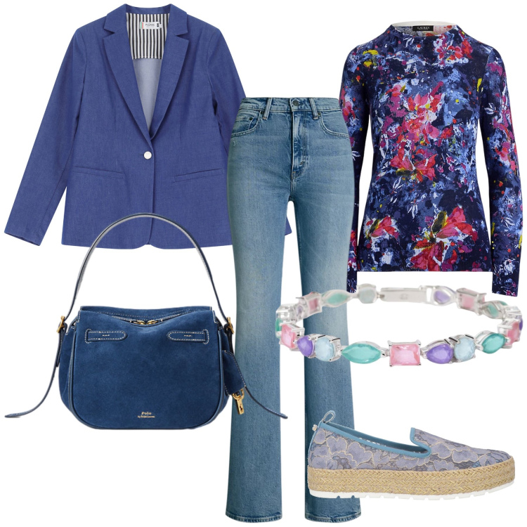Outfit donna - In città. Stile Urban per Tutti i giorni. Abbinamento con espadrillas, braccialetti, blazer, jeans bootcut, borse a mano, maglieria.
