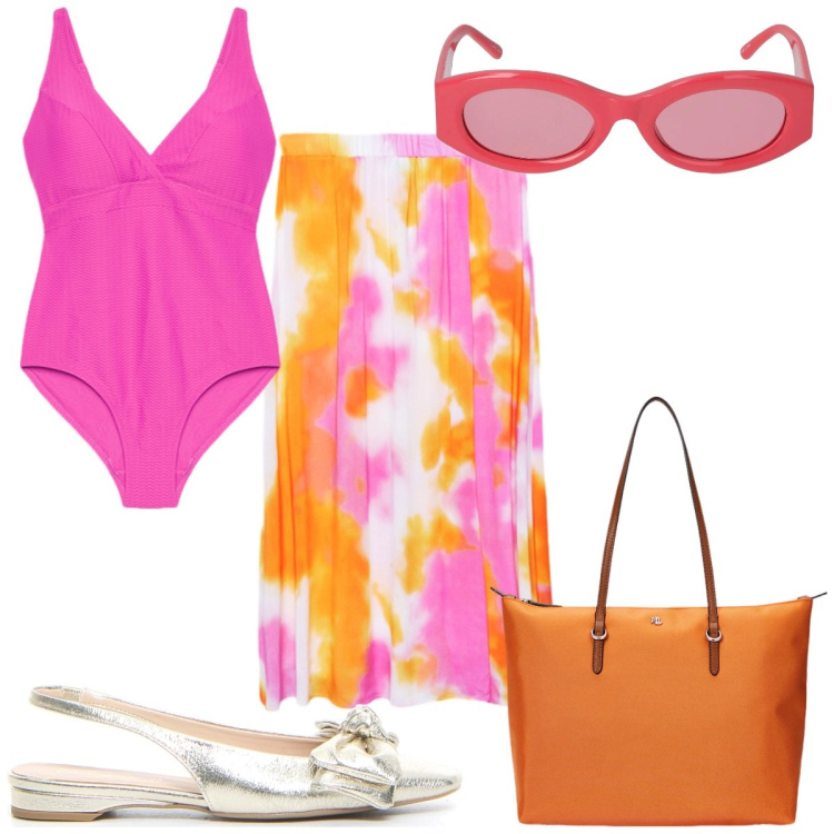Outfit donna - Bantoa Summer Sales : in rosa. Stile Trendy per Mare. Abbinamento con borse tote, costumi interi, gonne lunghe, occhiali da sole, sandali in pelle.