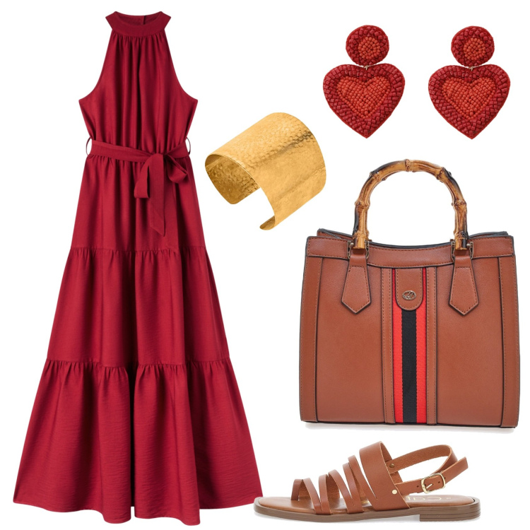 Outfit donna - Sere d\'estate. Stile Boho per Serata fuori. Abbinamento con vestiti lunghi, orecchini, borse a tracolla, sandali, braccialetti.