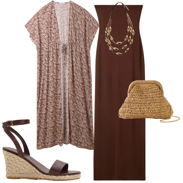 Outfit donna - Sandali in città. Stile Casual chic per Serata fuori. Abbinamento con sandali, borse a tracolla, caftani, vestiti lunghi, collane.