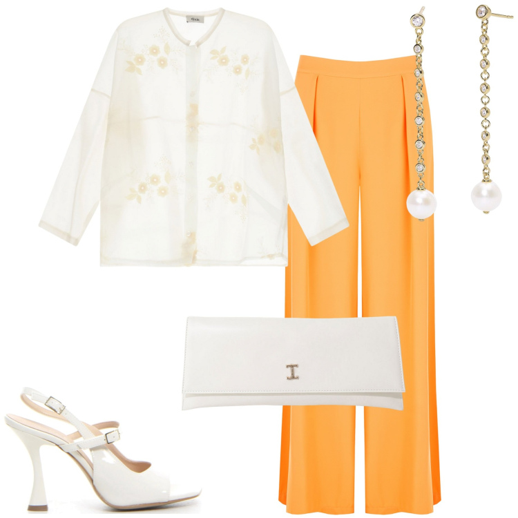 Outfit donna - Arancio luglio. Stile Chic per Cerimonia. Abbinamento con pochette, camicie, orecchini, pantaloni, sandali col tacco.