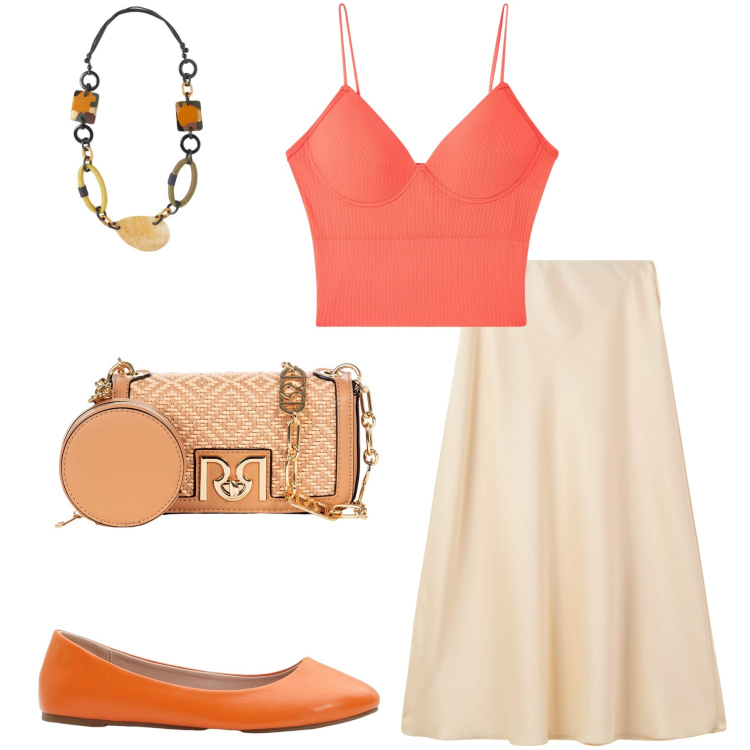 Outfit donna - Arancioluglio. Stile Casual chic per Tutti i giorni. Abbinamento con ballerine, gonne lunghe, top, borse a tracolla, collane.