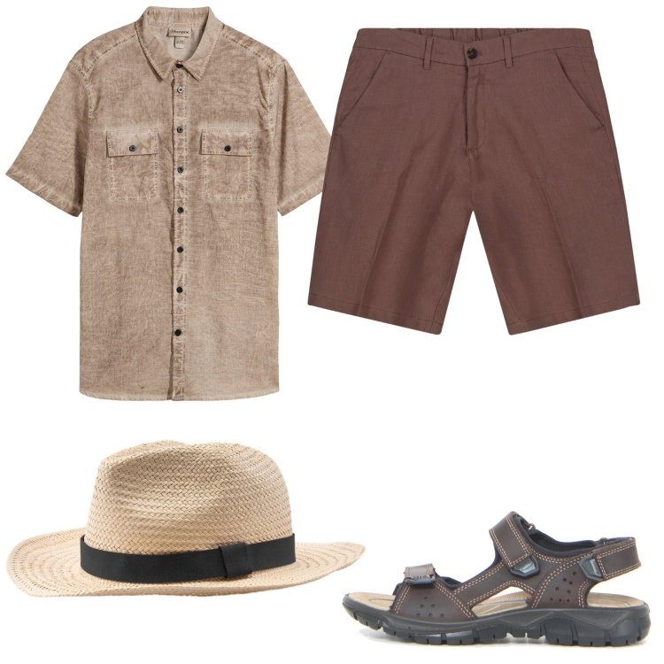 Outfit uomo - Camicia a maniche corte. Stile Trendy per Tutti i giorni. Abbinamento con camicie a manica corta, sandali, cappelli, bermuda.