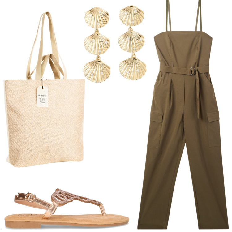 Outfit donna - Jumpsuit da giorno. Stile Casual chic per Tutti i giorni. Abbinamento con tute, orecchini, borse tote, sandali in pelle.