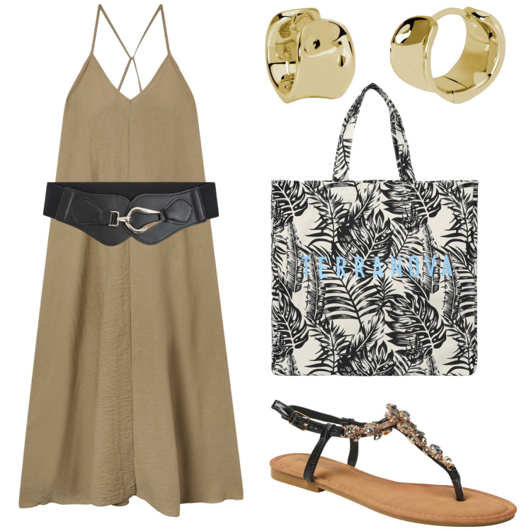 Outfit donna - Abito vestatile da mattina a sera. Stile Etnico per Tutti i giorni. Abbinamento con vestiti lunghi, borse tote, cinture, sandali gioiello, orecchini.