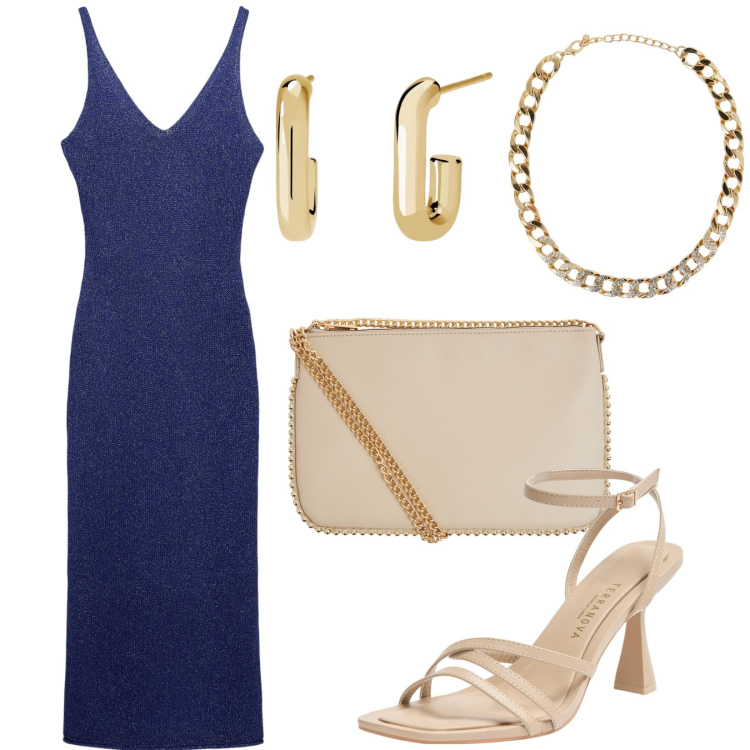 Outfit donna - Abito blu. Stile Chic per Serata fuori. Abbinamento con vestiti lunghi, borse a tracolla, collane, sandali col tacco, orecchini.