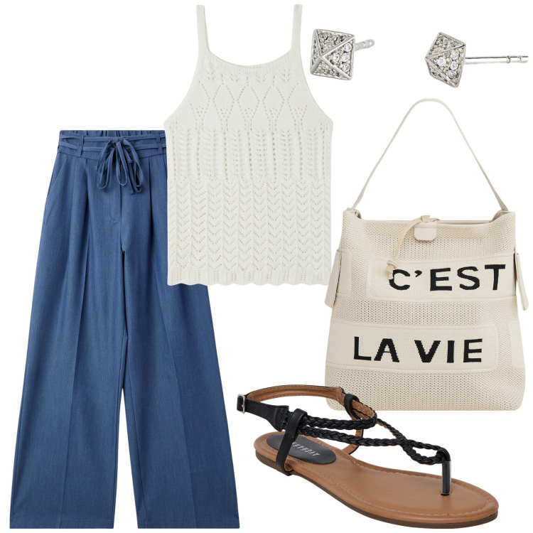 Outfit donna - Total look #2195417. Stile Trendy per Tutti i giorni. Abbinamento con jeans, ciabatte, top, borse a mano, orecchini.