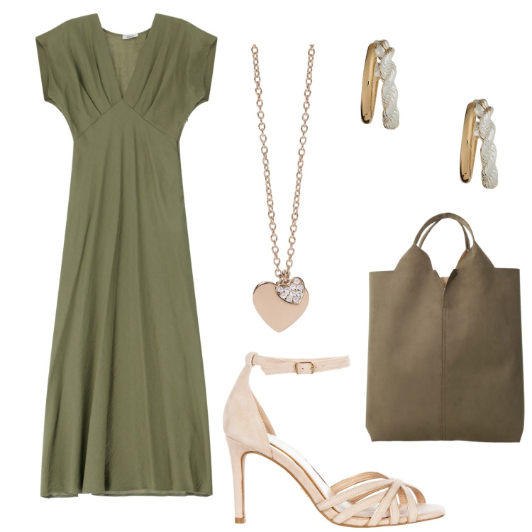 Outfit donna - Bantoa Summer sales. Stile Chic per Serata fuori. Abbinamento con vestiti lunghi, shopping bag, ciondoli, sandali col tacco, orecchini.