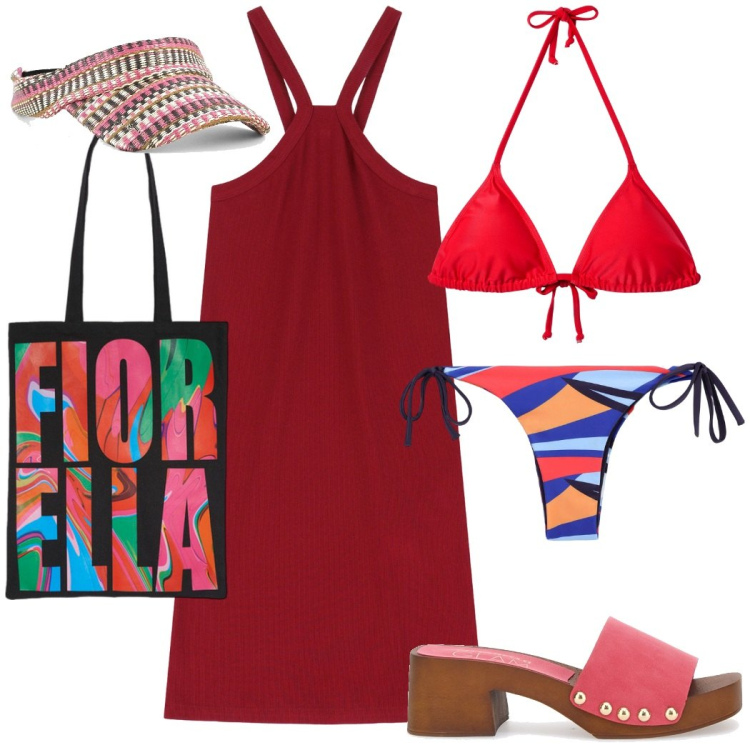 Outfit donna - Giornata sotto il sole. Stile Casual per Mare. Abbinamento con bikini, bikini, vestiti corti, borse tote, zoccoli, cappelli con visiera.