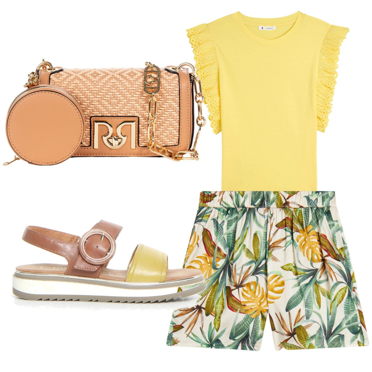 Outfit donna - Serata free. Stile Casual per Tutti i giorni. Abbinamento con t-shirt, borse a tracolla, pantaloni, sandali.