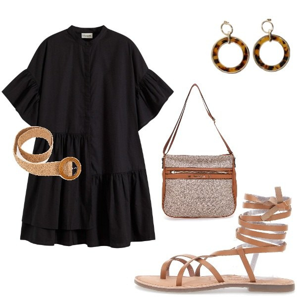 Outfit donna - Serata tra amici. Stile Casual per Serata fuori. Abbinamento con vestiti, orecchini, sandali alla schiava, borse a tracolla, cinture.