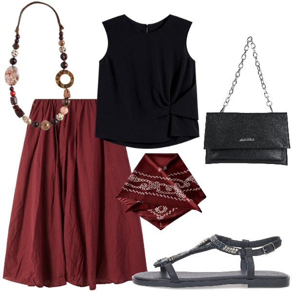 Outfit donna - Serata tra amici. Stile Casual per Serata fuori. Abbinamento con top, borse a mano, gonne lunghe, sandali gioiello, collane, foulard.