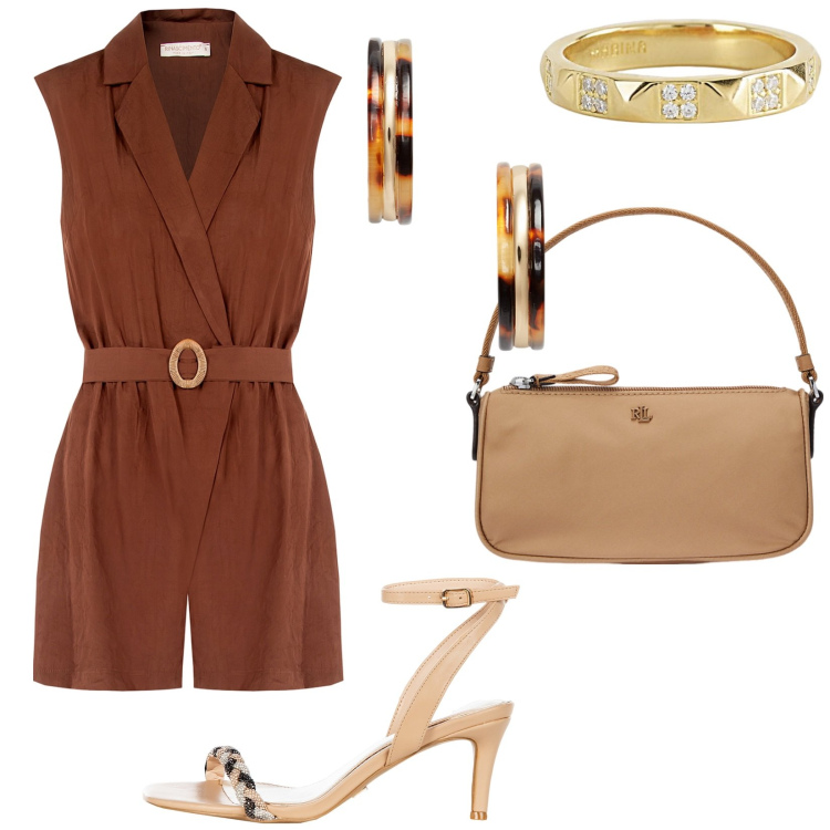 Outfit donna - Rinascimento estate. Stile Chic per Serata fuori. Abbinamento con anelli, tuta corta, sandali in pelle, pochette, orecchini.