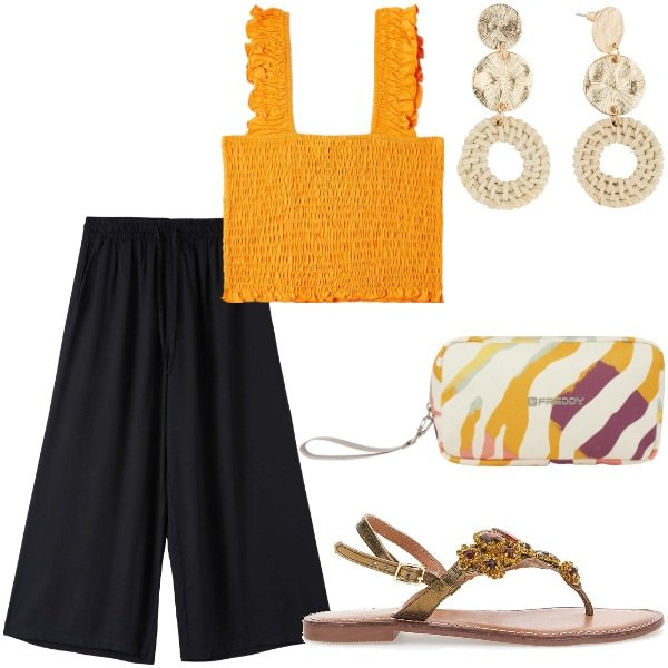 Outfit donna - Outifit di luglio. Stile Casual per Tutti i giorni. Abbinamento con orecchini, pantaloni a palazzo, top, valigie, sandali gioiello.