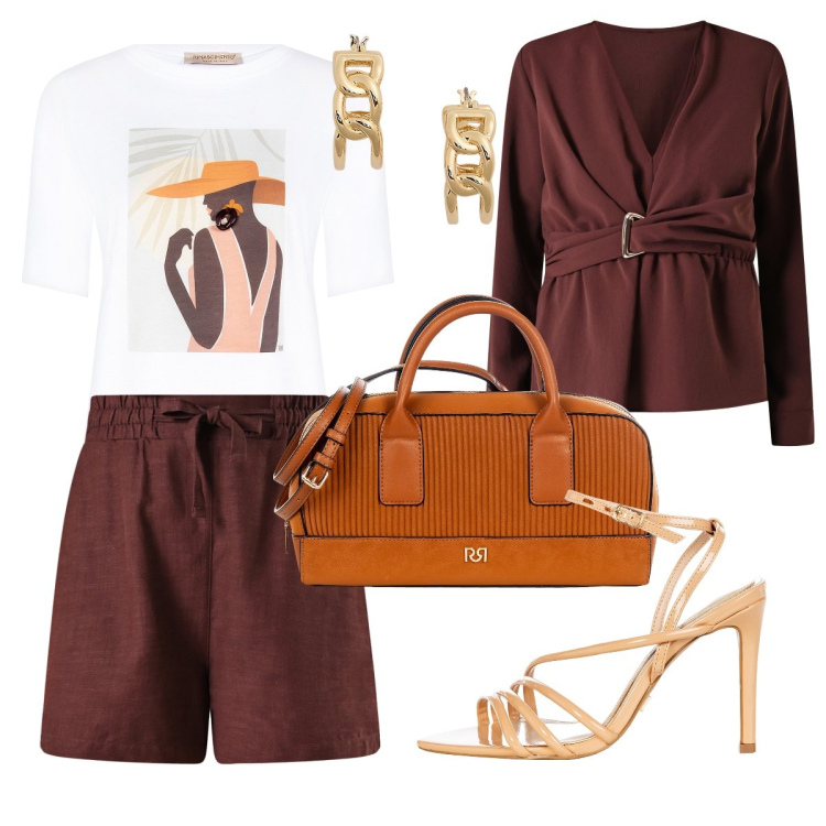 Outfit donna - Rinascimento - Bermuda in città. Stile Casual chic per Tutti i giorni. Abbinamento con shorts, bluse, borse a mano, sandali col tacco, t-shirt, orecchini.