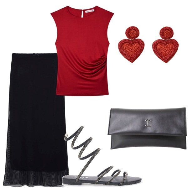 Outfit donna - Serata tra amici. Stile Casual chic per Serata fuori. Abbinamento con t-shirt, gonne lunghe, pochette, orecchini, sandali alla schiava.