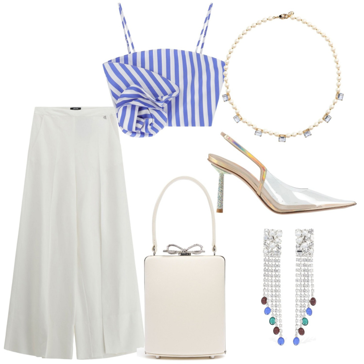 Outfit donna - Cena. Stile Casual chic per Serata fuori. Abbinamento con décolleté, canottiere, pantaloni a palazzo, collane, orecchini, borse a mano.
