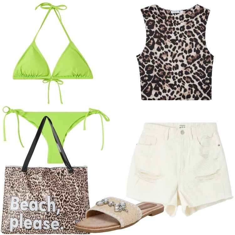 Outfit donna - Terranova - Summer Sale 2025. Stile Trendy per Mare. Abbinamento con shorts, top, bikini, ciabatte, borse tote, bikini.