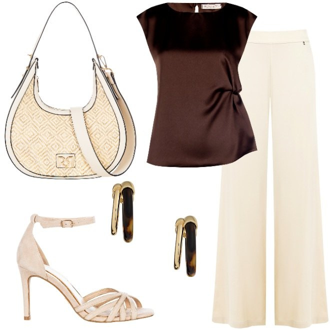 Outfit donna - Riunione di lavoro prima delle ferie. Stile Bon Ton per Tutti i giorni. Abbinamento con top, pantaloni a palazzo, sandali col tacco, borse a mano, orecchini.
