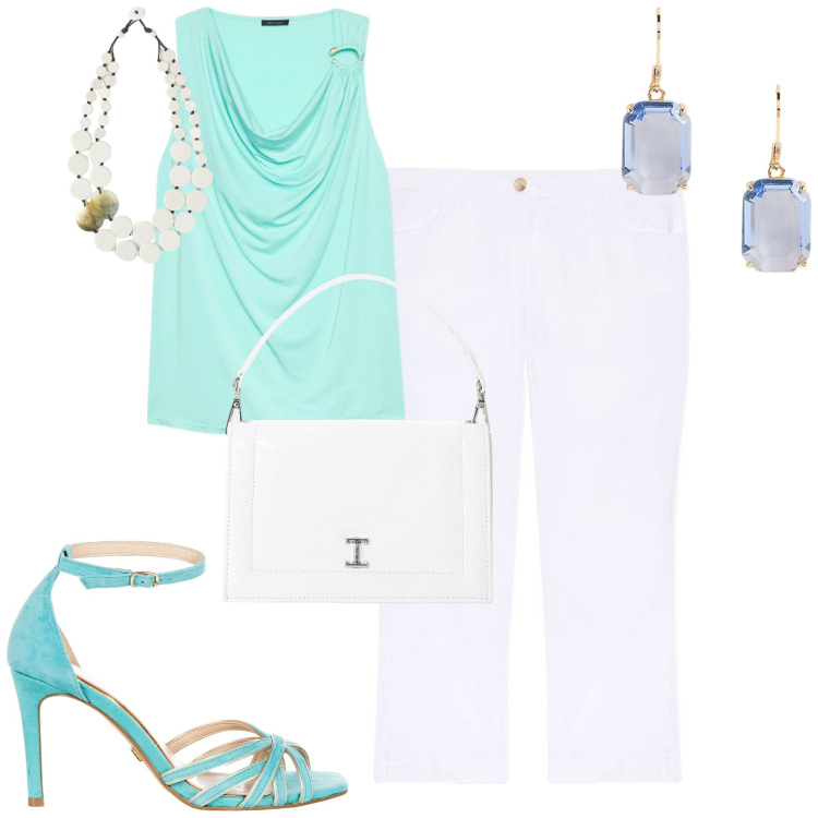 Outfit donna - Bantoa Summer sales. Stile Chic per Tutti i giorni. Abbinamento con sandali col tacco, borse a tracolla, orecchini, top, pantaloni, ciondoli.