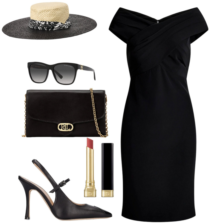 Outfit donna - Elegante in nero. Stile Chic per Cerimonia. Abbinamento con rossetti, vestiti, occhiali da sole, borse a tracolla, cappelli, décolleté.