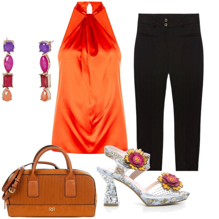 Outfit donna - Vivace arancione. Stile Chic per Serata fuori. Abbinamento con orecchini, top, borse a mano, pantaloni, sandali col tacco.