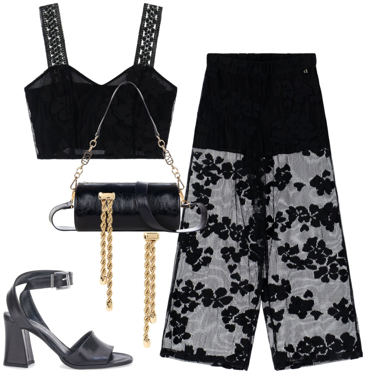 Outfit donna - Dixie. Stile Trendy per Tutti i giorni. Abbinamento con borse a mano, top, pantaloni, orecchini, sandali in pelle.