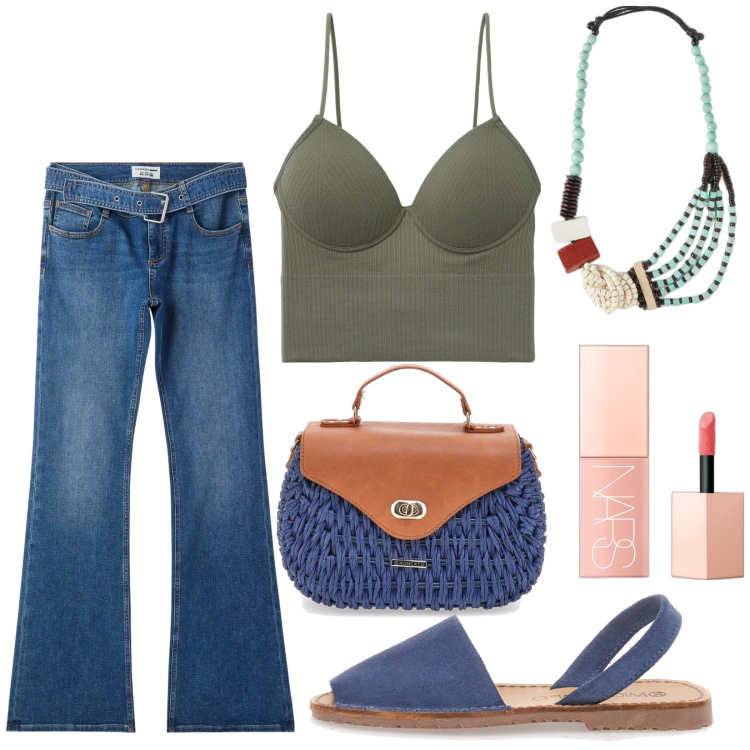 Outfit donna - Total look #2195463. Stile Urban per Tutti i giorni. Abbinamento con blush, jeans a zampa, top, sandali, collane, borse a tracolla.