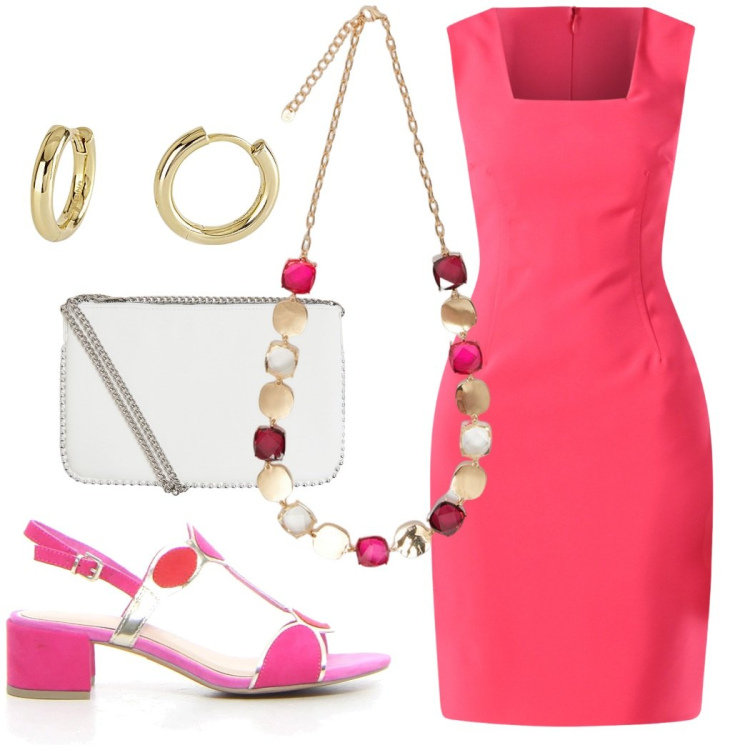 Outfit donna - Tubino rosso fragola da mattina a sera. Stile Casual chic per Tutti i giorni. Abbinamento con borse a tracolla, orecchini, vestiti a tubino, collane, sandali col tacco.