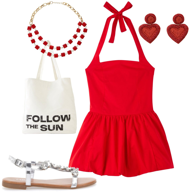 Outfit donna - Il vestito a palloncino. Stile Minimal per Tutti i giorni. Abbinamento con shopping bag, vestiti corti, orecchini, collane, sandali gioiello.