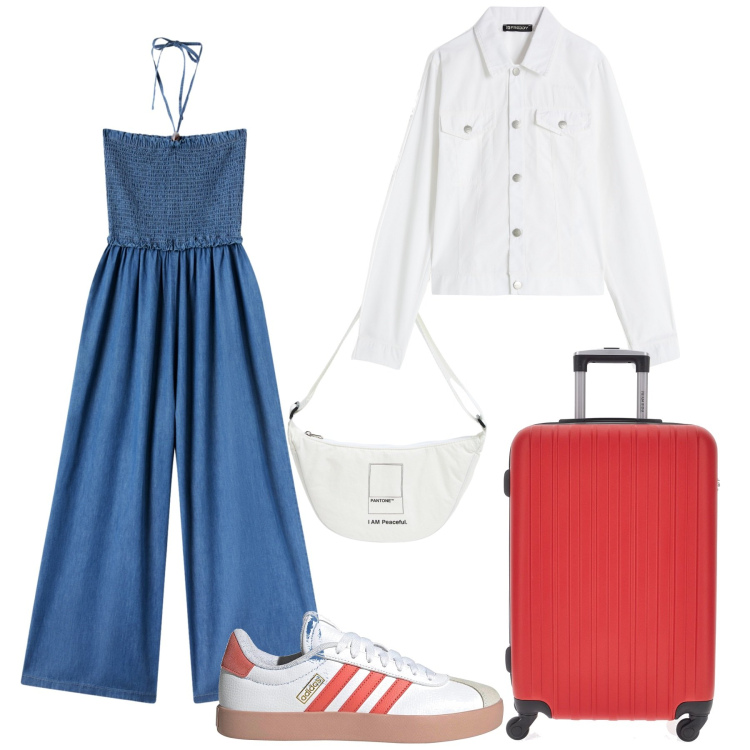 Outfit donna - Si parte in vacanza. Stile Casual per Tutti i giorni. Abbinamento con tute, marsupi, blazer, valigie, sneakers.
