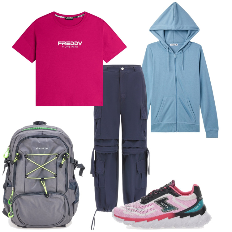 Outfit donna - In campeggio. Stile Sporty chic per Tutti i giorni. Abbinamento con felpe con cappuccio, pantaloni cargo, t-shirt, sneakers, zaini.