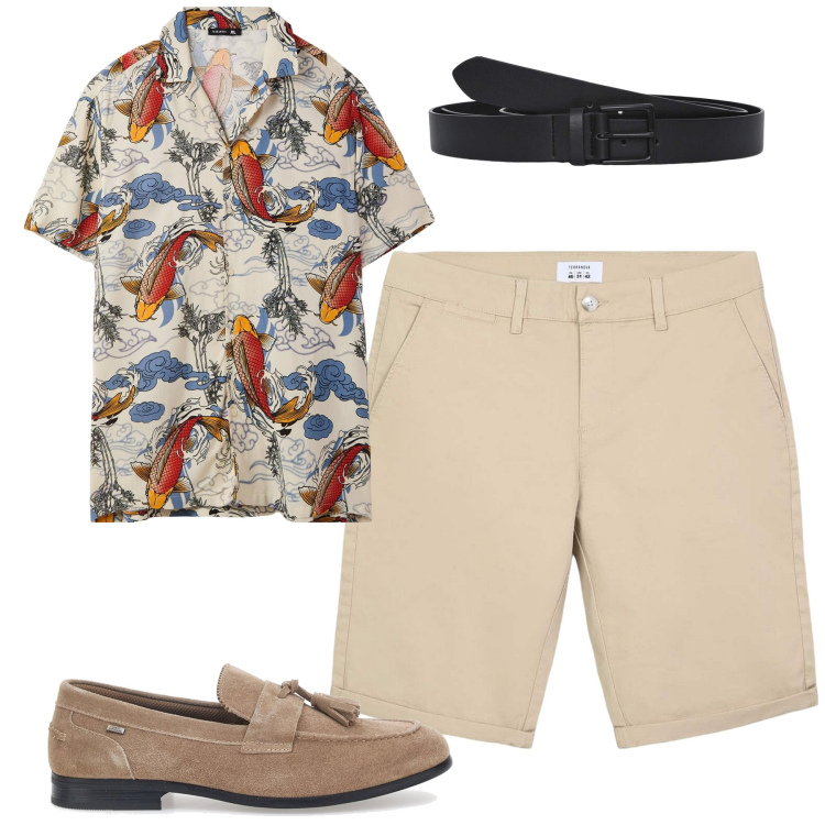 Outfit uomo - Stampe. Stile Trendy per Tutti i giorni. Abbinamento con bermuda, camicie a manica corta, cinture, scarpe stringate.