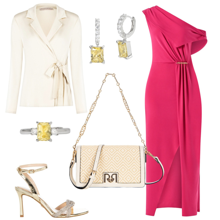 Outfit donna - Party all\'aperto. Stile Chic per Serata fuori. Abbinamento con orecchini, anelli, vestiti lunghi, blazer, sandali col tacco, borse a tracolla.