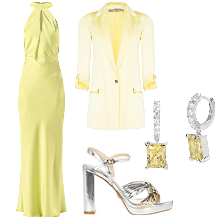 Outfit donna - Eleganza da cerimonia. Stile Glamour per Cerimonia. Abbinamento con orecchini, vestiti senza maniche, sandali in pelle, blazer.
