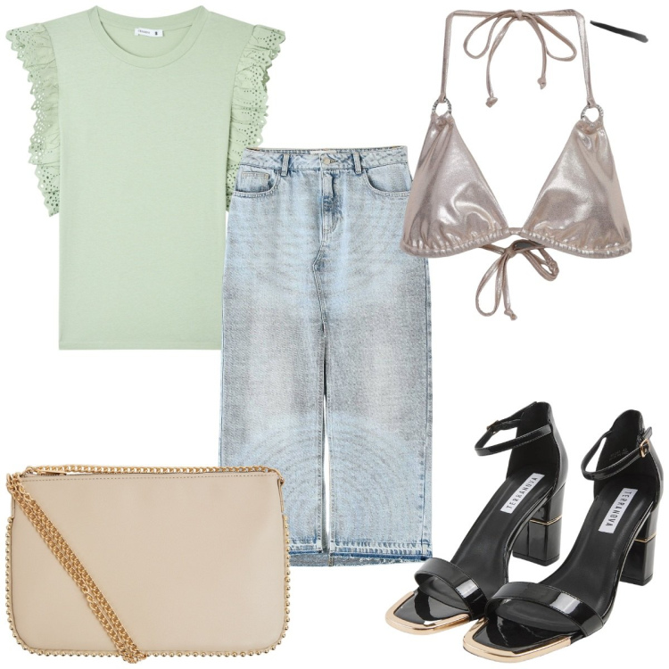 Outfit donna - Terranova summer sales 2025: in vacanza. Stile Trendy per Mare. Abbinamento con sabot, t-shirt, borse a tracolla, gonne lunghe, bikini.