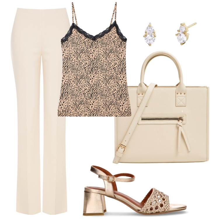 Outfit donna - Eleganza in beige. Stile Casual chic per Tutti i giorni. Abbinamento con shopping bag, canottiere, orecchini, pantaloni a palazzo, sandali col tacco.