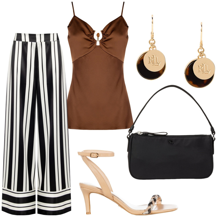 Outfit donna - Pantaloni palazzo must have. Stile 70s per Serata fuori. Abbinamento con top, pantaloni a palazzo, sandali in pelle, orecchini, pochette.