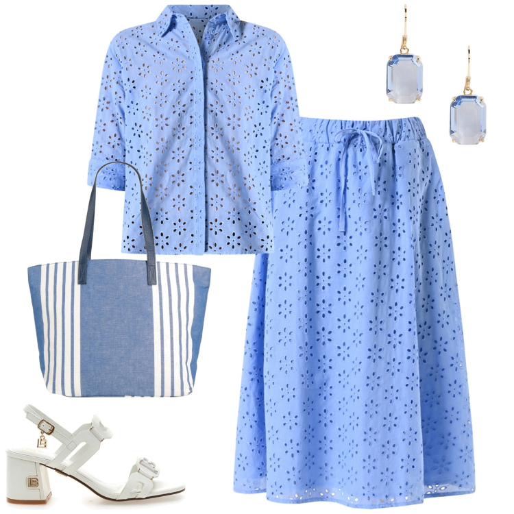 Outfit donna - Luglio. Stile Romantica per Tutti i giorni. Abbinamento con borse a spalla, camicie, gonne longuette, orecchini, sandali col tacco.