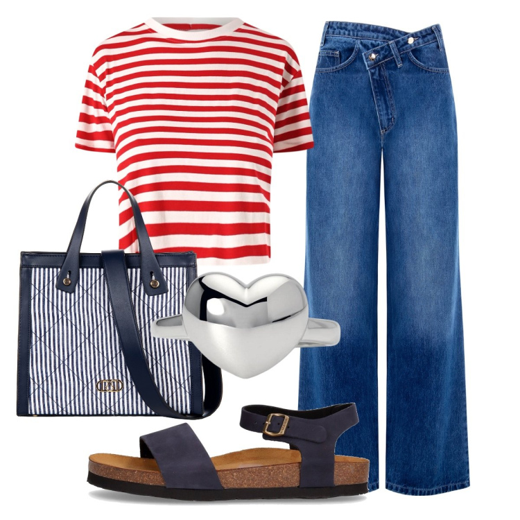 Outfit donna - Rinascimento - Casual a righe. Stile Casual per Tutti i giorni. Abbinamento con jeans, shopping bag, t-shirt, anelli, sandali.