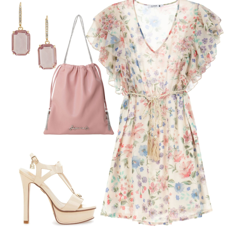 Outfit donna - Luglio. Stile Romantica per Tutti i giorni. Abbinamento con vestiti corti, borse a secchiello, orecchini, sandali col tacco.