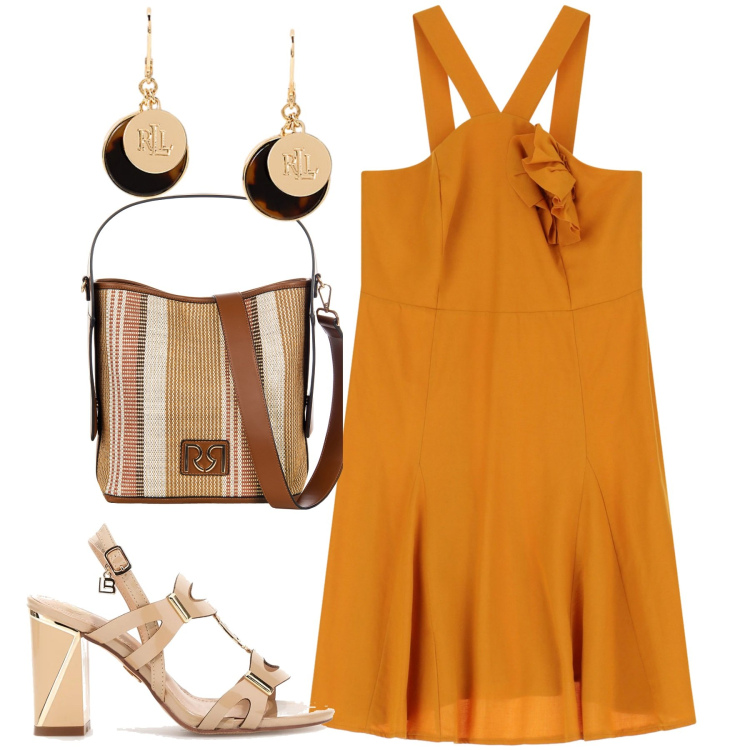 Outfit donna - Arancio. Stile Urban per Tutti i giorni. Abbinamento con borse a secchiello, vestiti asimmetrici, orecchini, sandali col tacco.