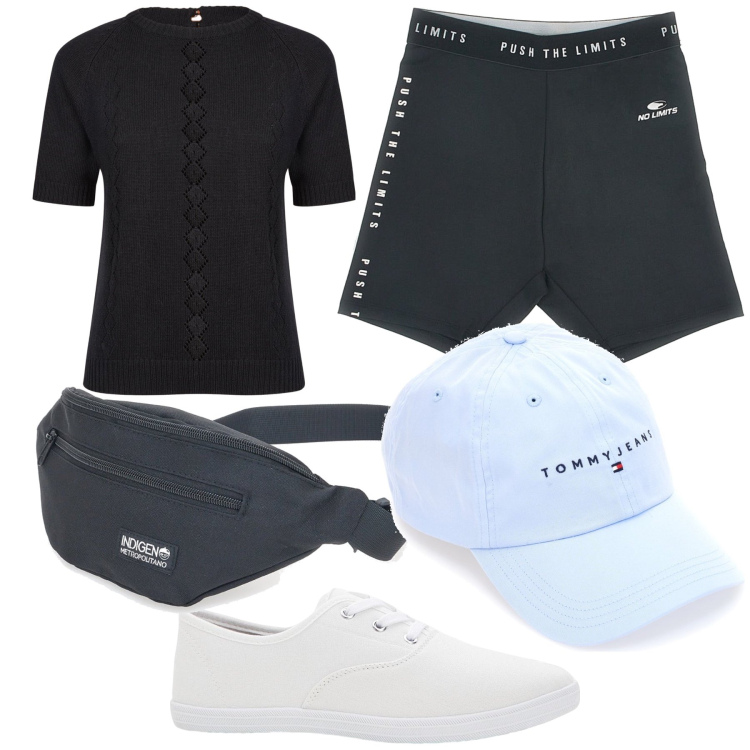 Outfit donna - Palestra forever. Stile Basic per Sport. Abbinamento con sneakers, maglieria, pantaloni corti, cappelli, marsupi.