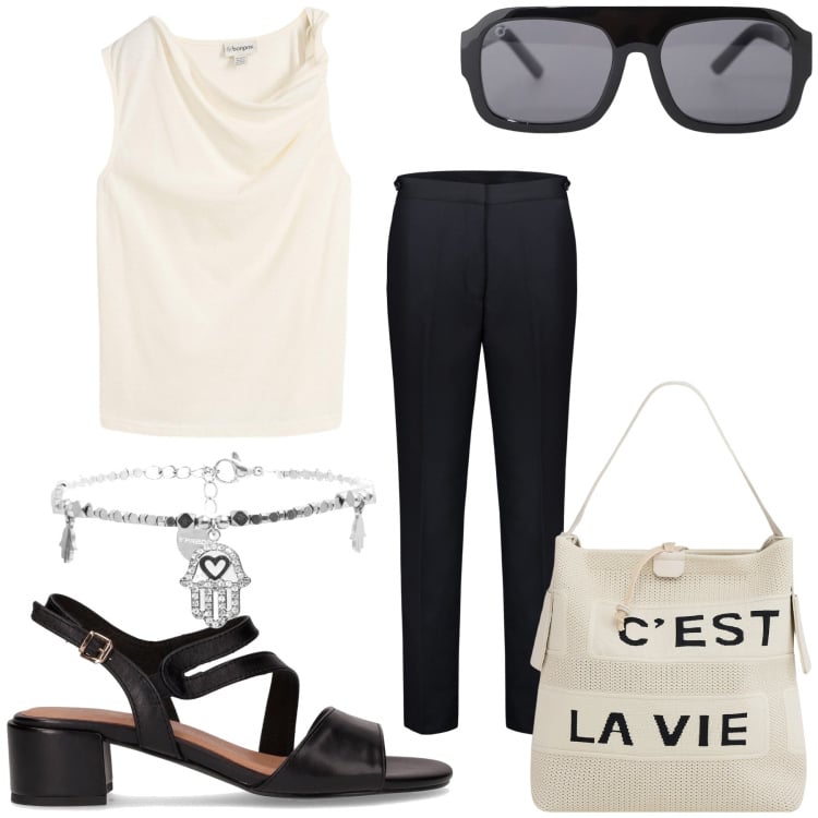 Outfit donna - La vie in ufficio. Stile Minimal per Ufficio. Abbinamento con top, borse a mano, occhiali da sole, braccialetti, pantaloni, sandali col tacco.