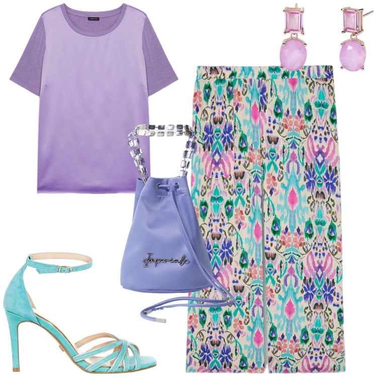 Outfit donna - Fiorella Rubino. Stile Casual chic per Tutti i giorni. Abbinamento con orecchini, sandali col tacco, borse a secchiello, pantaloni a palazzo, t-shirt.